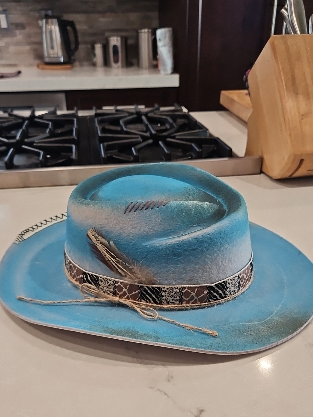 Turquoise Felt Western/ Fedora Hat with Patterned Band and Feather